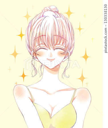 微笑、綁著髮髻的女人，微笑，內衣，閃閃發光 130338130