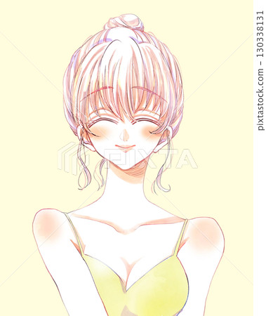 微笑、髮型為髮髻、微笑、穿著內衣的女人 130338131