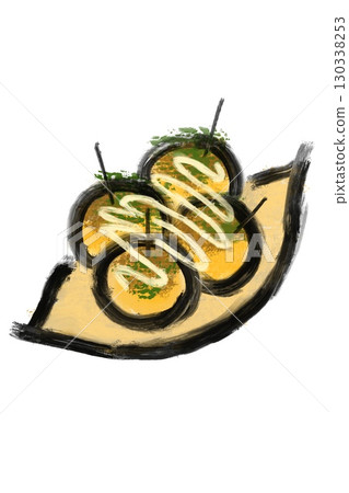 Takoyaki, Japanese style, ink painting, watercolor, hand-drawn 130338253
