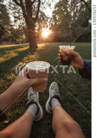 First-Person Park View with Iced Latte and Casual Running Shoes 130338255