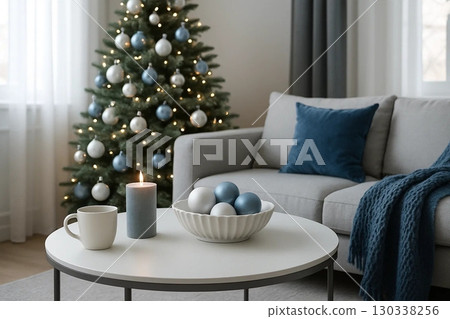 Christmas Living Room with Decorated Tree and Cozy Decor 130338256