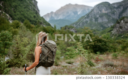 Woman Backpacker Overlooking Alpine Mountain Landscape 130338324