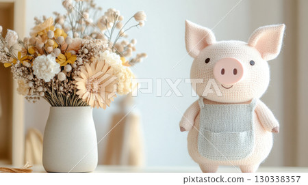 Adorable piglet wearing pastel apron beside handmade paper flower bouquet Adorable piglet wearing pastel apron beside handmade paper flower bouquet 130338357
