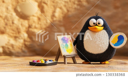 Penguin character with tiny painter's smock holding a color palette next to a small travel easel 130338368