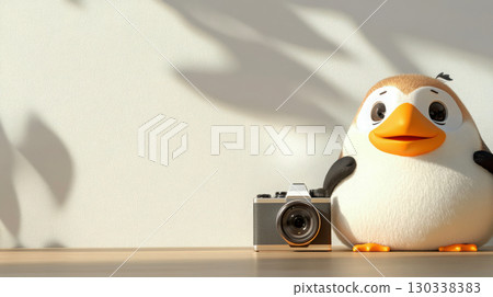 A puffin character in a casual blazer sits next to a compact mirrorless camera on a light wooden table 130338383