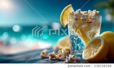 Refreshing summer lemonade with lemon slices and caramel popcorn in a glass, poolside on a sunny day Refreshing summer lemonade with lemon slices and caramel popcorn in a glass, poolside on a sunny day 130338394