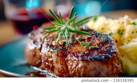Juicy grilled steak with cranberry sauce, rosemary garnish, and creamy mashed potatoes served on a dinner plate 130338395