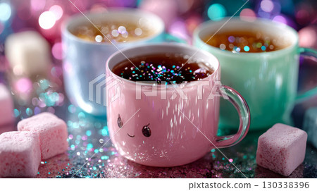 Cute pastel mugs of hot drinks with sparkles, marshmallows, and bokeh lights 130338396