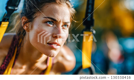 Woman doing TRX suspension training outdoors on an autumn day, focused and determined 130338416