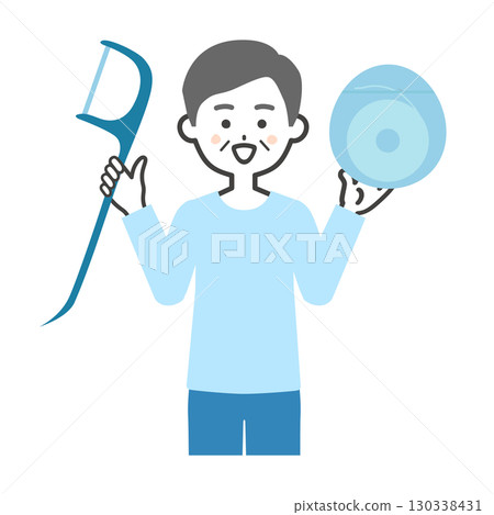 一位微笑的老人拿著一根大牙線的插圖 130338431