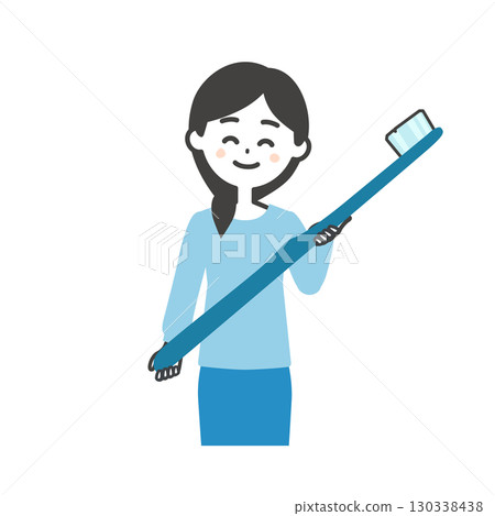 Illustration of a smiling woman holding a big toothbrush Illustration of a smiling woman holding a big toothbrush 130338438