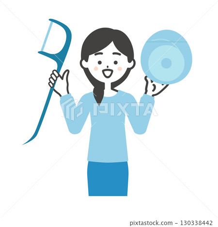 一位微笑的女人拿著牙線的插圖 130338442