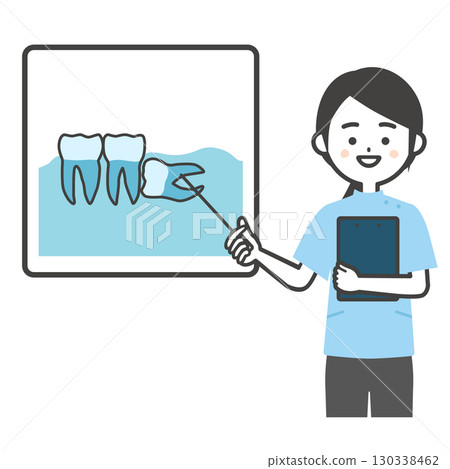 一名扮成凱西的女人指著一顆智齒的插圖 130338462