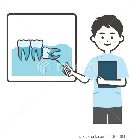Illustration of a man dressed as a Casey pointing at an illustration of a wisdom tooth 130338463