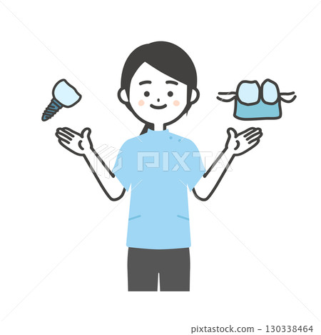 Illustration of a woman in a casey costume pointing at implants and partial dentures with both hands 130338464