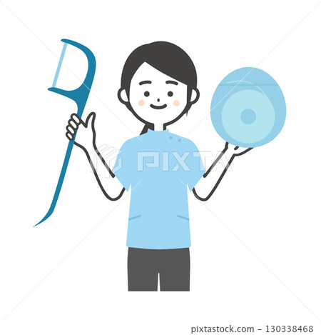 一名身穿凱西服裝的婦女手持牙線和牙線的插圖 130338468