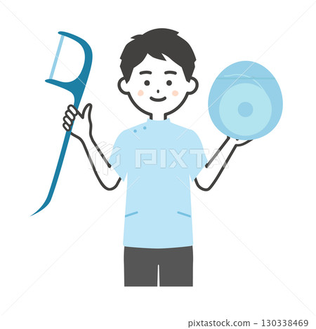 一名身穿凱西服裝的男子手持牙線和牙線的插圖 130338469