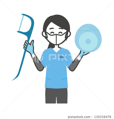 Illustration of a woman in a scrub holding dental floss and toothpaste 130338476