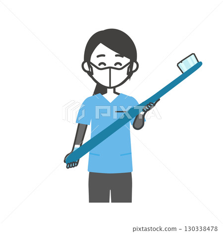 圖：一位身穿手術服、微笑、手持大牙刷的女士 130338478