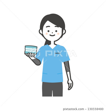 Illustration of a woman in a scrub holding a tooth model 130338480