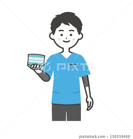 一名身穿手術服的男子手持牙齒模型的插圖 130338488