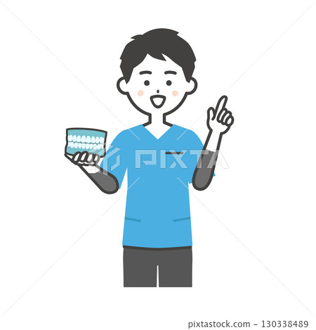 一名身穿手術服的男子手持牙齒模型並指向上方的插圖 130338489
