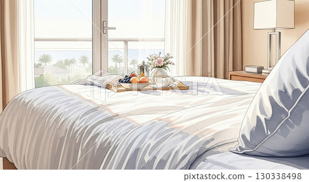 Watercolor illustration of an elegant breakfast served in bed at a hotel 130338498