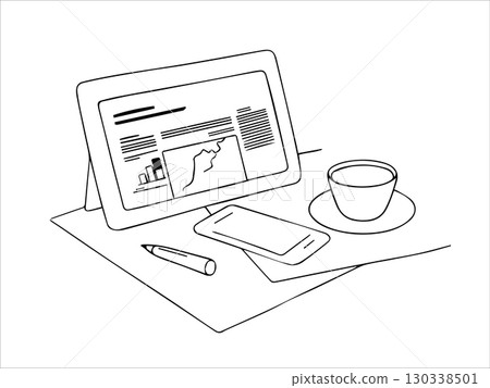 A tablet with news, a coffee mug, a pencil, and sheets of paper are on the table. black and white linear illustration for business, school, trade, sales. 130338501
