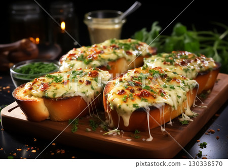 Breakfast with toast with melted cheese and aromatic herbs 130338570