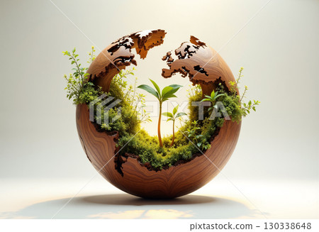 Plants sprouting from a wooden globe - a symbol of sustainability and environmental protection 130338648