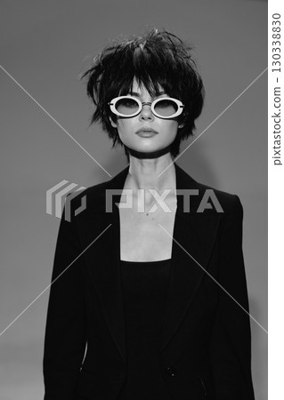 Black and white portrait of a stylish woman wearing white sunglasses and a black blazer with short messy hair. Black and white portrait of a stylish woman wearing white sunglasses and a black blazer with short messy hair. 130338830