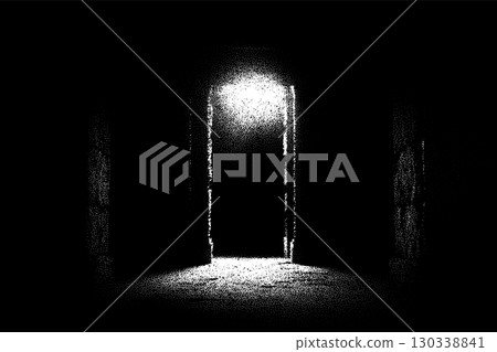 Ancient ruins in sci-fi scene with dotwork retro style. Mysterious gate debris with dramatic lights and retro texture 130338841