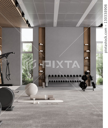 Empty wall mockup in modern fitness center, gym interior design, 3d rendering Empty wall mockup in modern fitness center, gym interior design, 3d rendering 130338906