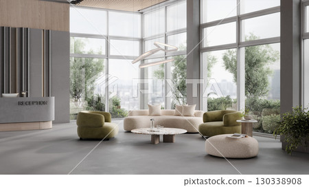 Modern hall interior with reception desk in fitness center with wood panel and panoramic windows, wooden floor, fitness center front desk, 3d rendering 130338908