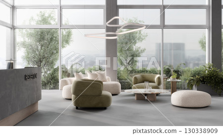 Modern hall interior with reception desk in fitness center with wood panel and panoramic windows, wooden floor, fitness center front desk, 3d rendering 130338909