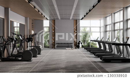 Modern gym interior with sport and fitness equipment, fitness center inteior, inteior of crossfit and workout gym, 3d rendering Modern gym interior with sport and fitness equipment, fitness center inteior, inteior of crossfit and workout gym, 3d rendering 130338910