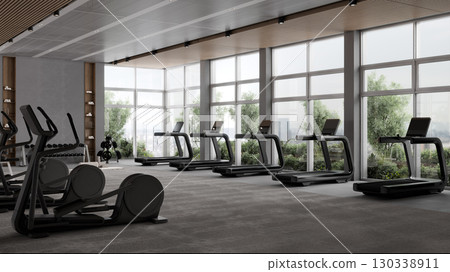 Modern gym interior with sport and fitness equipment, fitness center interior, crossfit and workout gym, 3d rendering 130338911