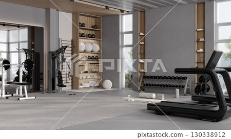 Modern gym interior with sport and fitness equipment, fitness center interior, workout gym background, 3d rendering 130338912
