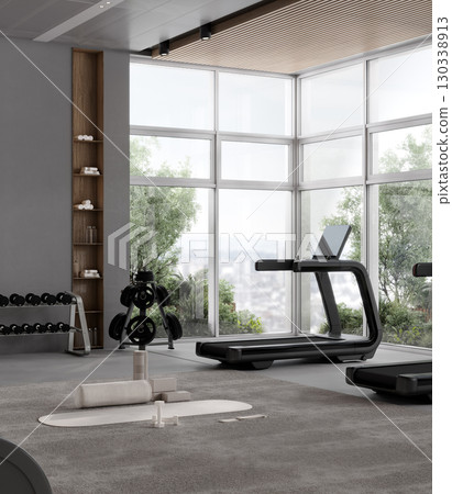 Stylish gym interior with sport and fitness equipment, fitness center interior, 3d rendering Stylish gym interior with sport and fitness equipment, fitness center interior, 3d rendering 130338913