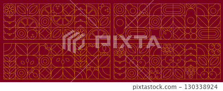 Art Deco Fruits Pattern Set. Strawberry, Grapes, Avocado, Lemon, Orange. Geometric Linear Style Seamless Print Art Deco Fruits Pattern Set. Strawberry, Grapes, Avocado, Lemon, Orange. Geometric Linear Style Seamless Print 130338924