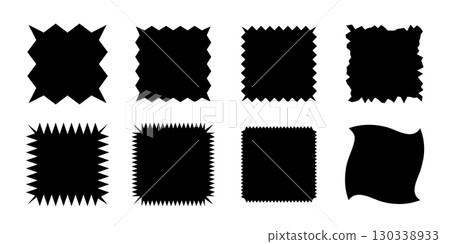 Square shapes with jagged borders. Frames with zigzag, sharp, corrugated and curved edges. Vector illustration set isolated on transparent for stickers, tags, labels, stamps, badges Square shapes with jagged borders. Frames with zigzag, sharp, corrugated and curved edges. Vector illustration set isolated on transparent for stickers, tags, labels, stamps, badges 130338933