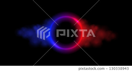 Neon light ring in smoke cloud on black background. Laser red blue circle in fog. Glow led circular frame. Magic portal on dark backdrop. Fantasy abstract vector illustration 130338943