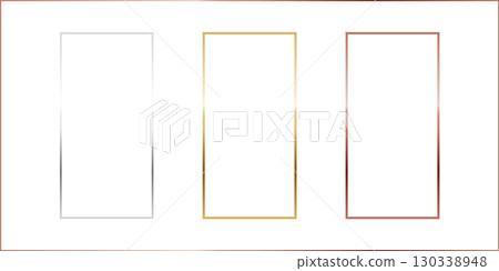 Gold, silver and bronze vertical rectangle thin frames. Metal photo or picture frames isolated on transparent background. Simple object mockup. 3d realistic empty template vector illustration set 130338948