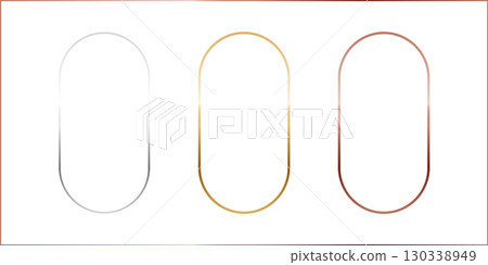 Gold, silver and bronze oval frames. Vertical thin metal ellipse photo or picture frames isolated on transparent background. Simple object mockup. 3d abstract empty template vector illustration set 130338949