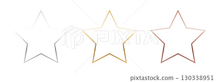 Gold, silver and bronze star frames. Metal thin photo or picture frames isolated on transparent background. 3d realistic empty template vector illustration set 130338951