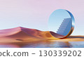 3d render, surreal mirror circle with staircase in pastel desert landscape 130339202