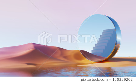 3d render, surreal mirror circle with staircase in pastel desert landscape 130339202