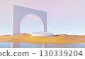 3d render, minimal arch structure with circular platform in pastel desert 130339204