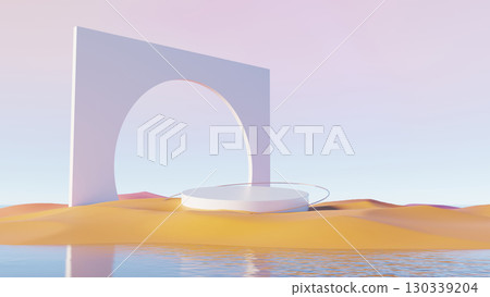 3d render, minimal arch structure with circular platform in pastel desert 3d render, minimal arch structure with circular platform in pastel desert 130339204