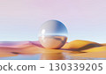 3d render, reflective sphere on pastel desert landscape with water reflection 130339205